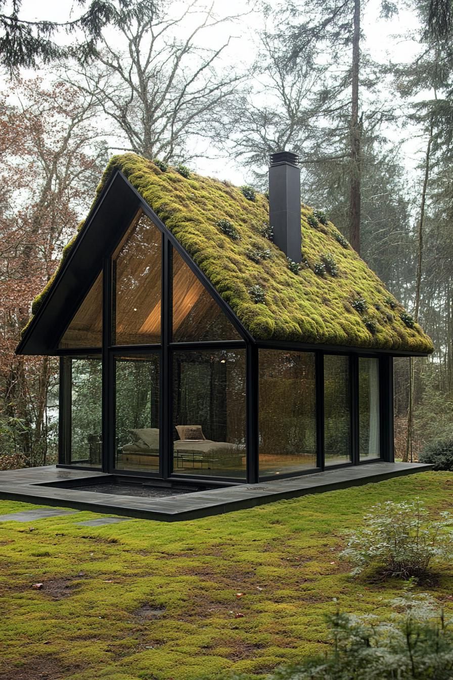 tiny forest modern luxury cabin with slanted moss roof full glass front 2