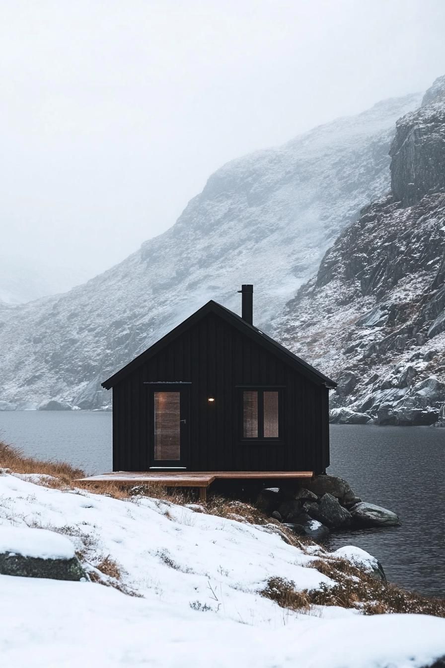 A snug cabin nestled by a wintry lake