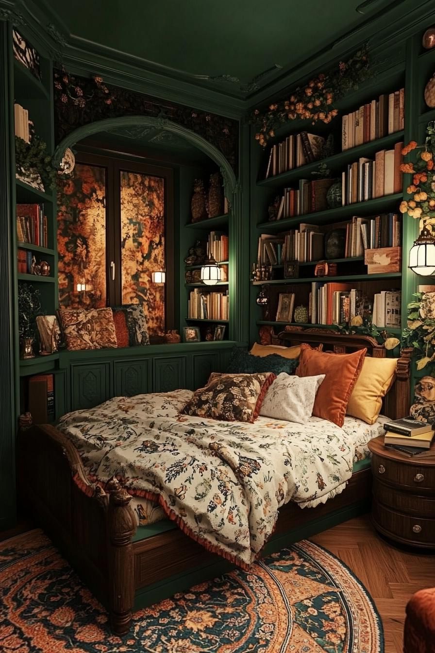 Cozy bedroom with rich green walls, bookshelves, and a patterned rug