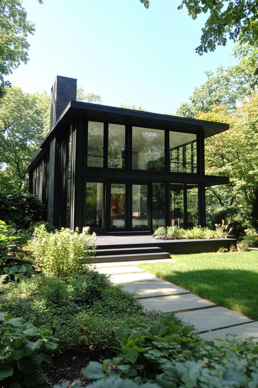 Black modern house surrounded by trees