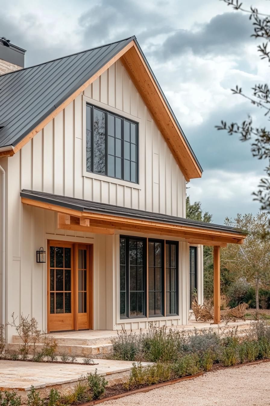 Charming farmhouse with wood elements and black windows