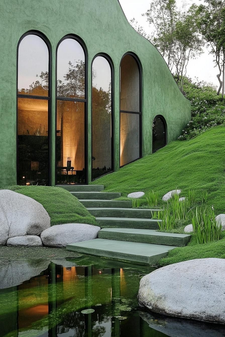 green zen yard with a pond green hilly landscape green rocks green concrete steps green color house wall with tall arched windows 3