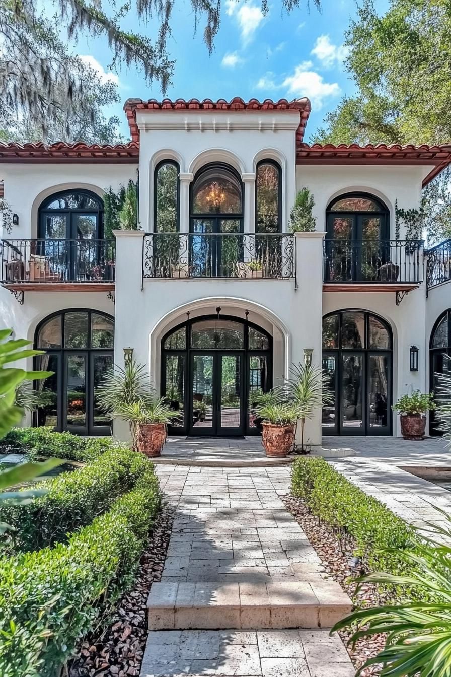 Elegant two-story Mediterranean house with arches and lush greenery