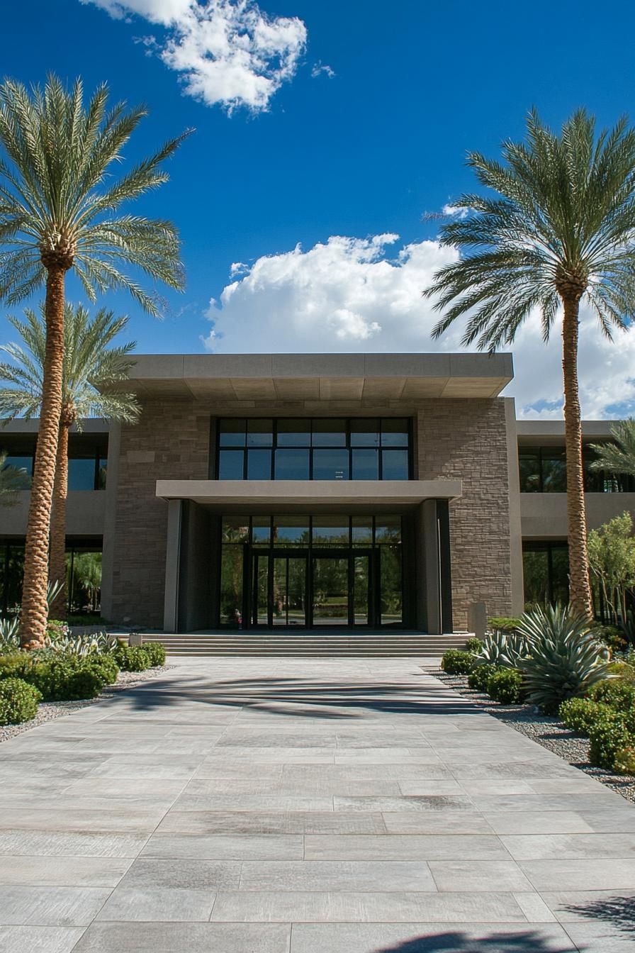 Modern mansion with palm trees and blue sky