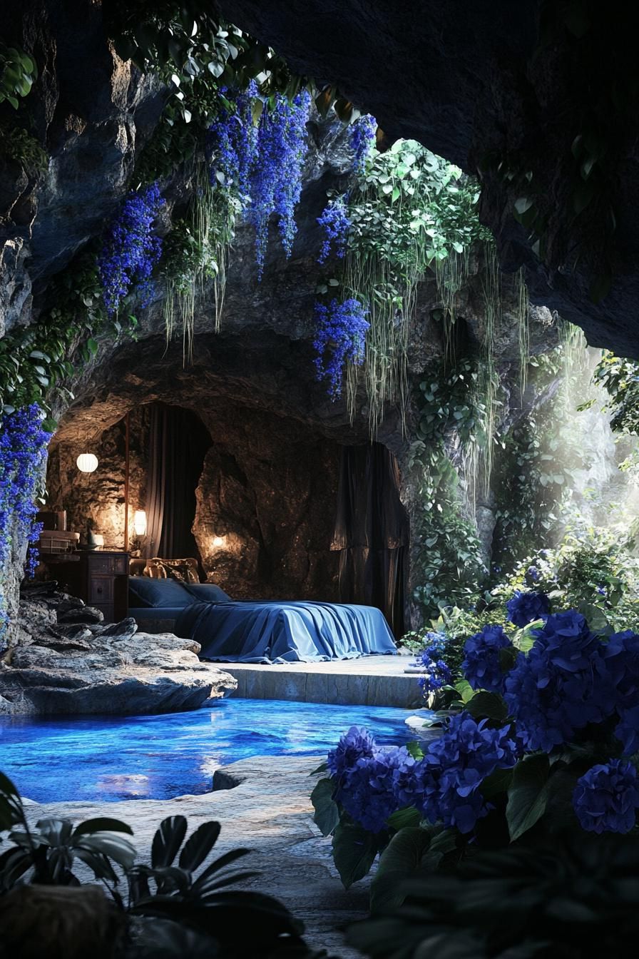 dreamscape of a cave home bedroom the walls are overgrown with dark blue flowers theres a cave pool with lush plants