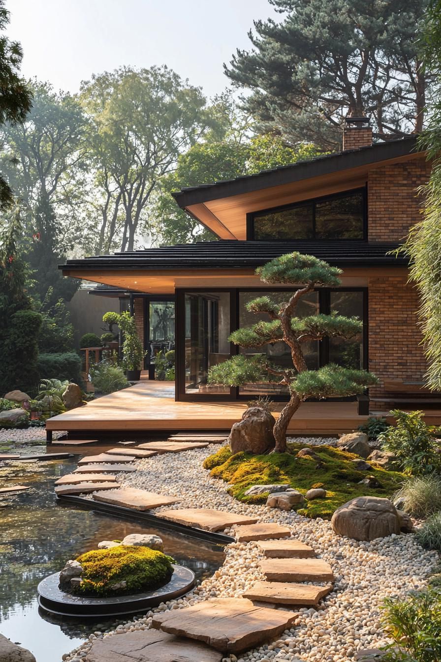 Japanese courtyard house with a pond and pathway