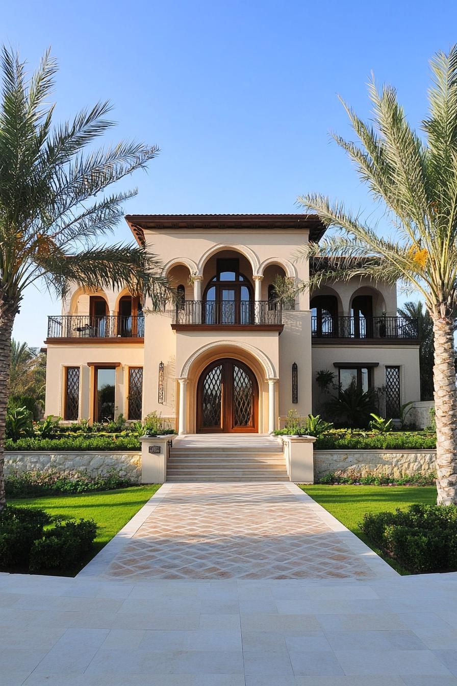 Elegant house with tall arches and palm trees