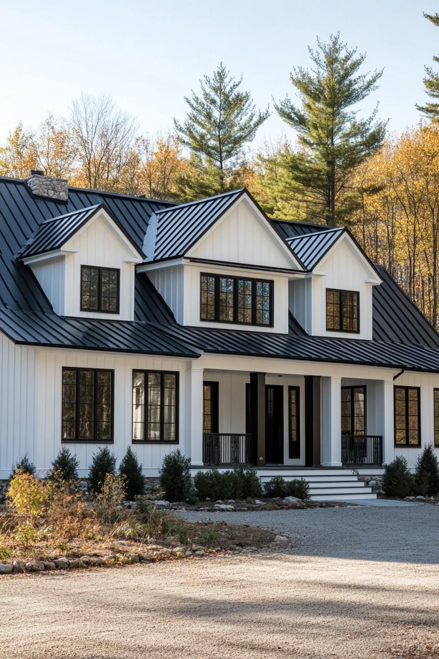 White house with striking black trim in a forested setting