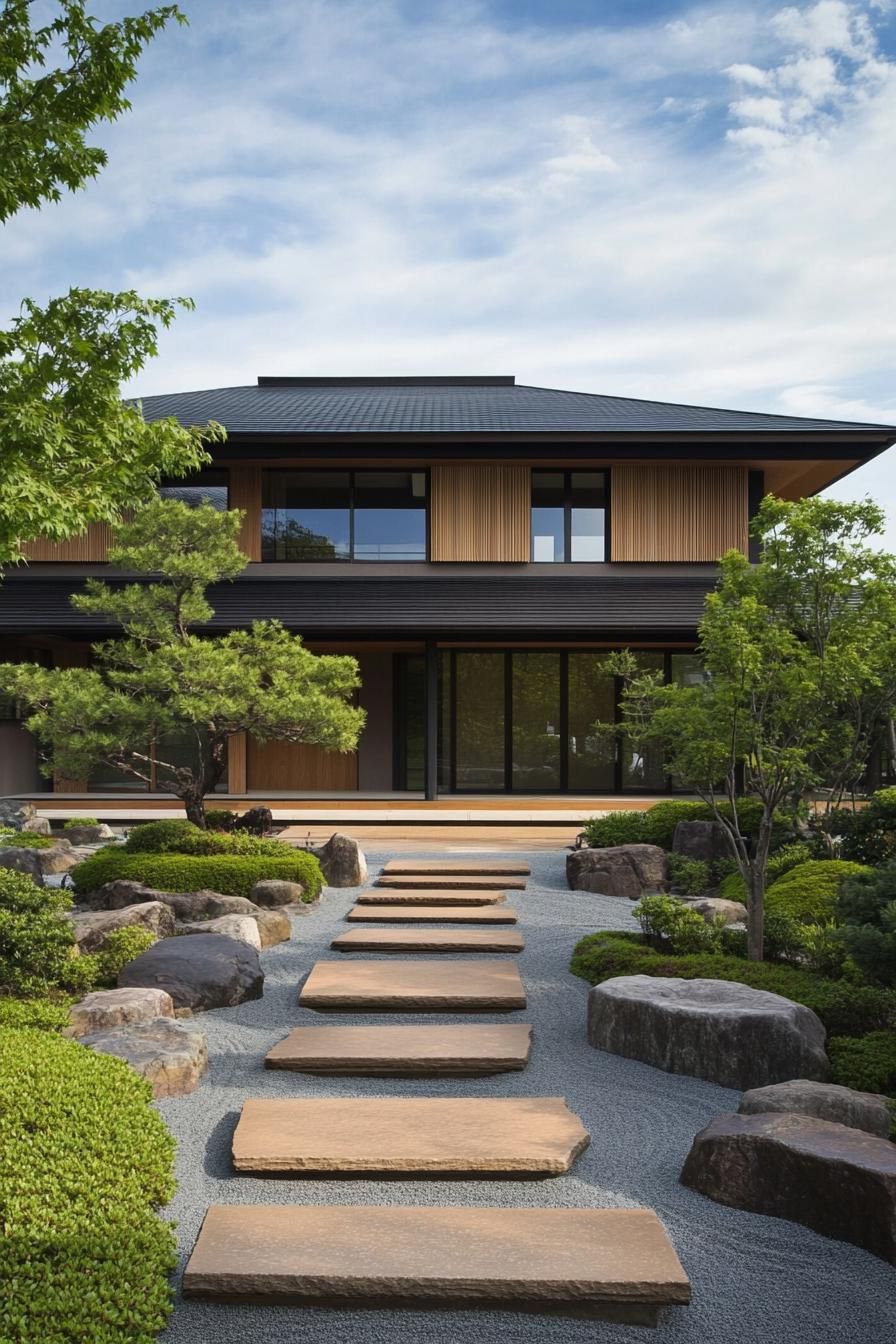 A minimalist house with a serene garden walkway