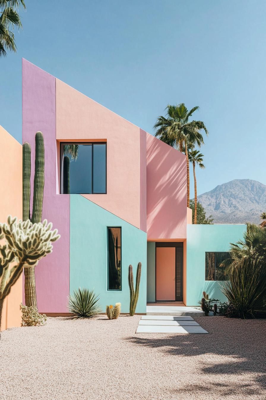 Colorful geometric home with cacti and palm trees