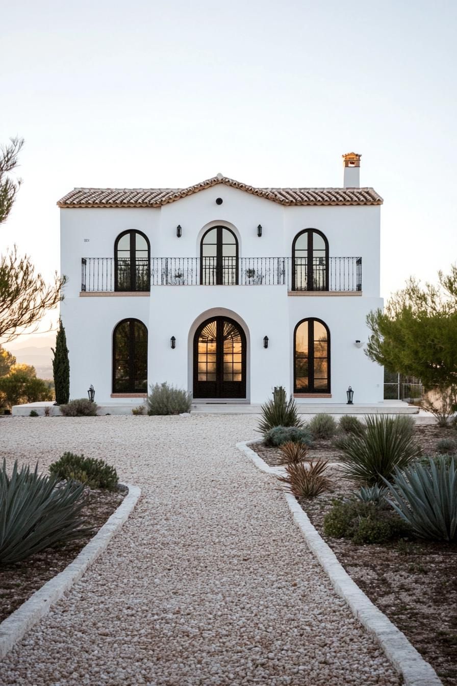 White Mediterranean house with arched windows and stone pathway