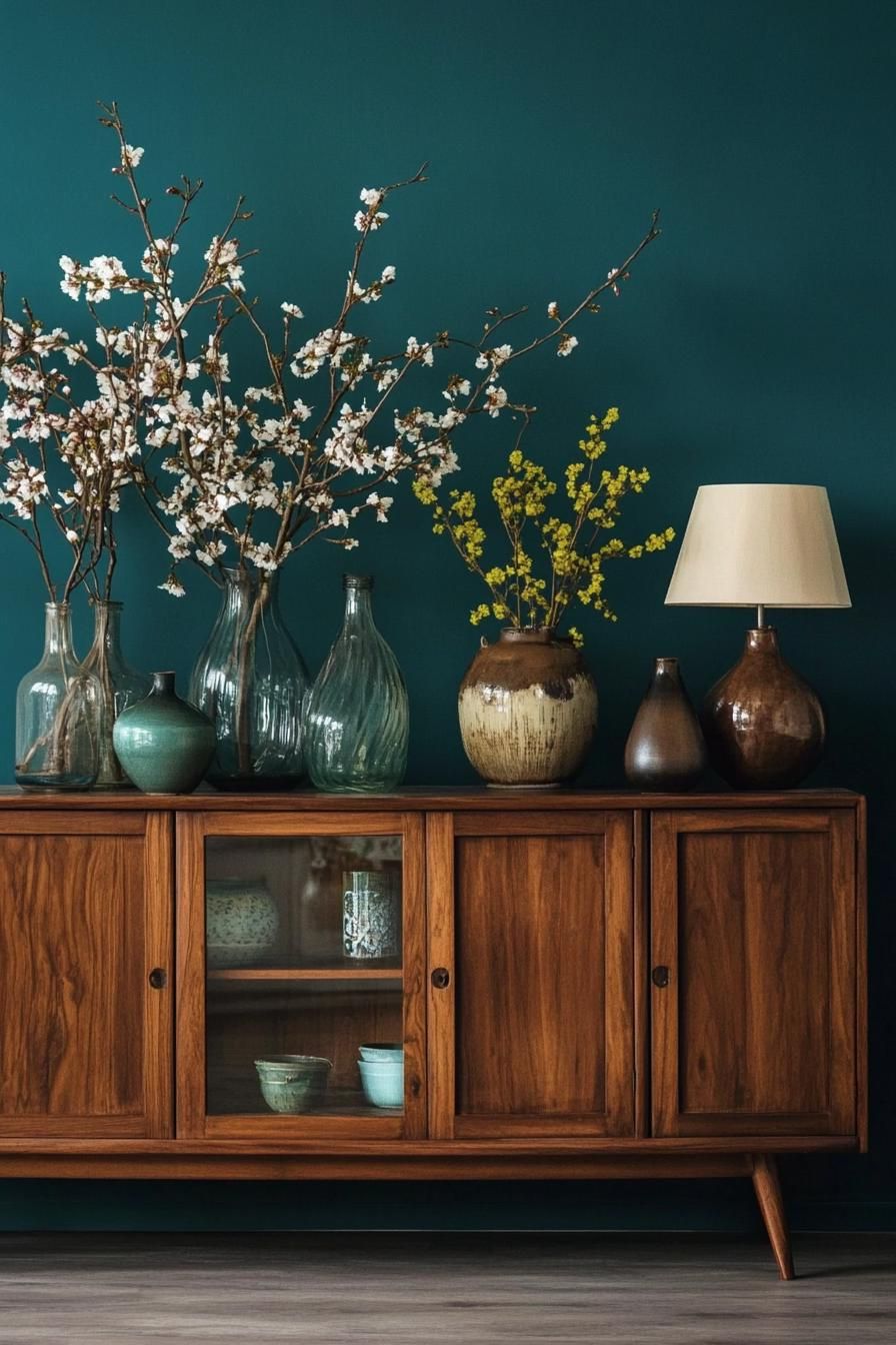 Mid-century sideboard with vases and flowers against a teal wall