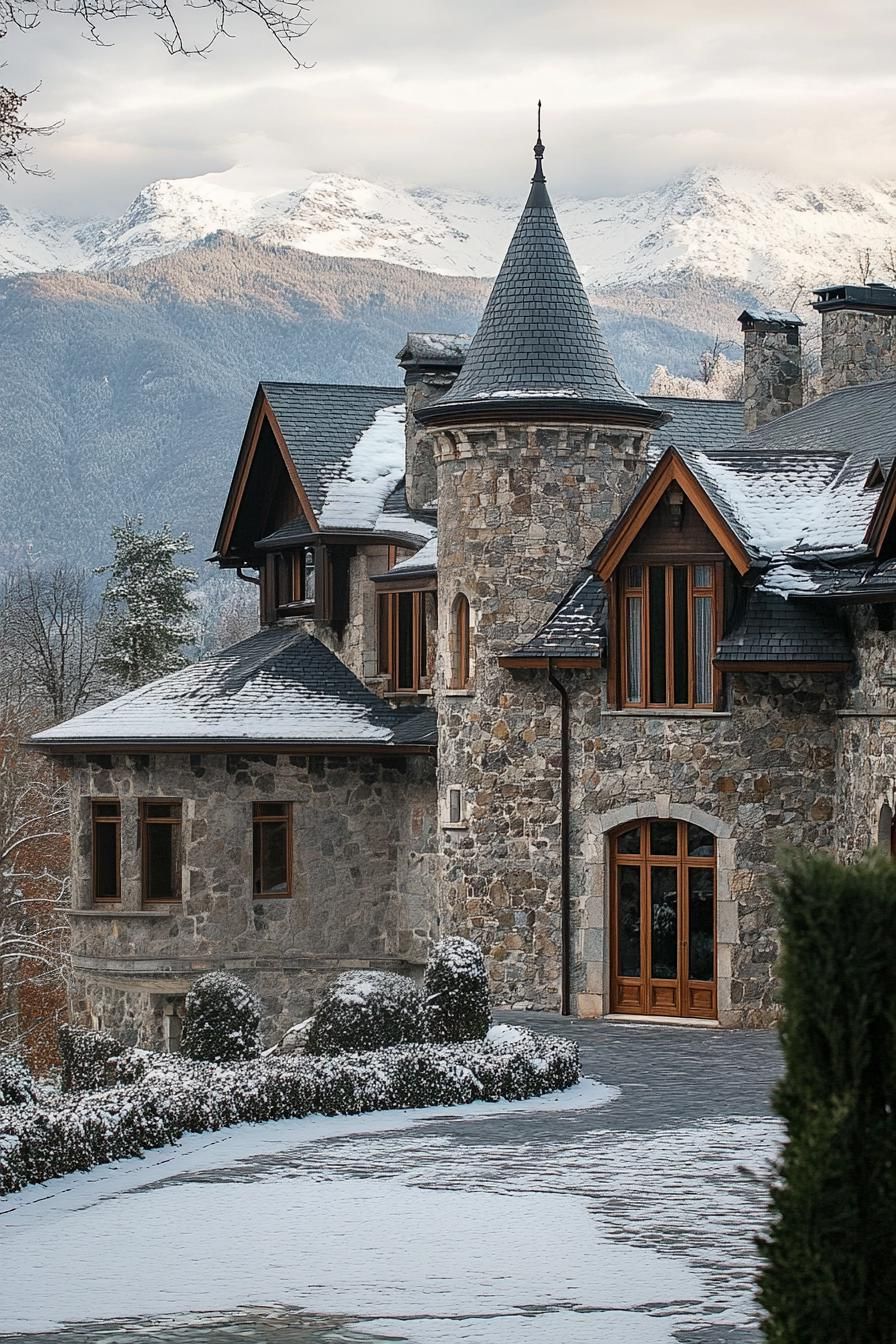 modern stone manor with stone shingled roof with gables modern windows