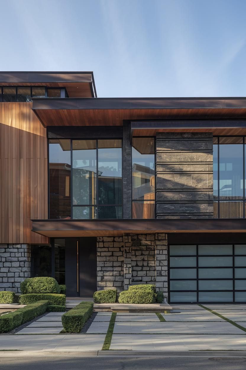 Modern house with wood and stone contrast