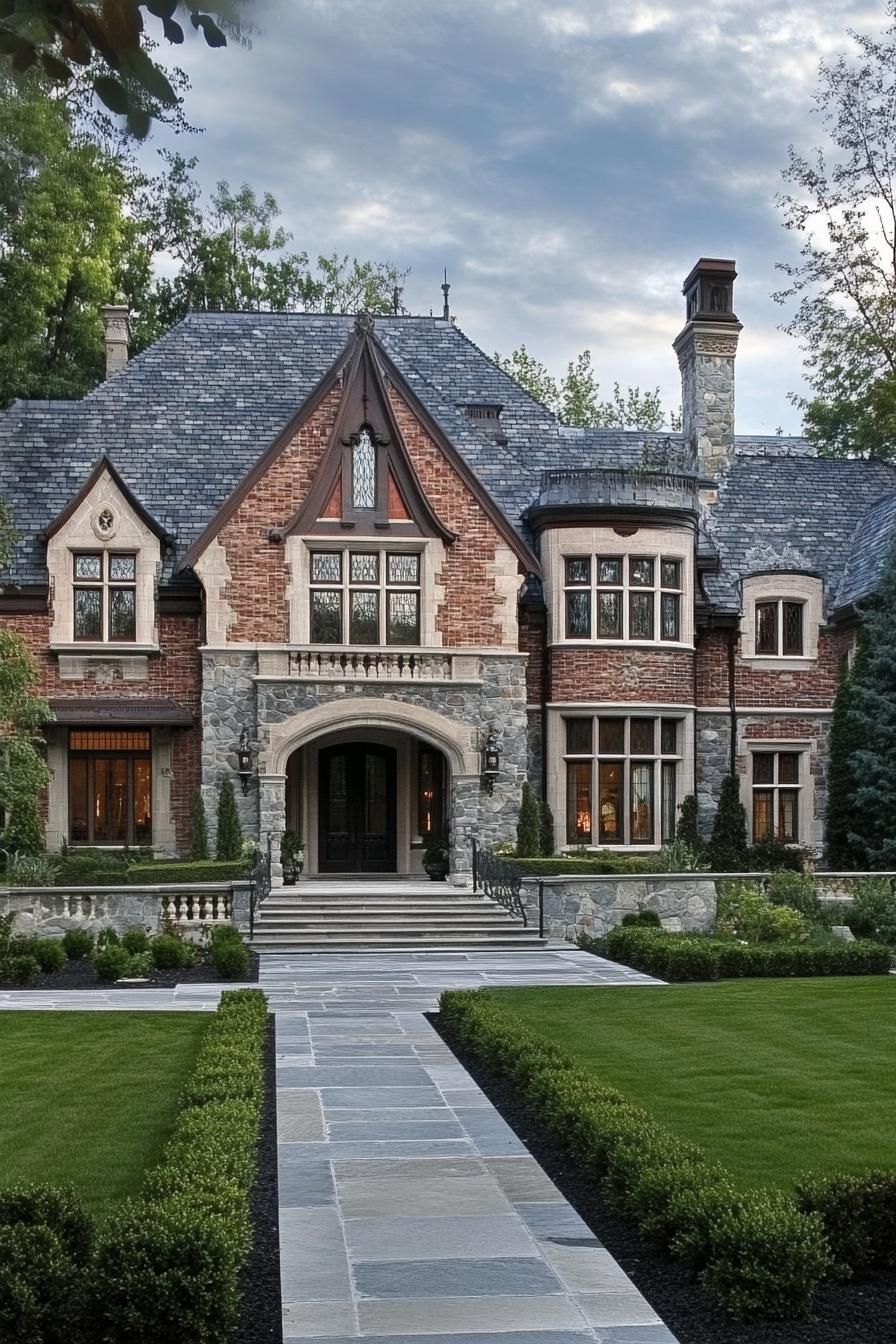 limestone brick manor with ornate gables large windows entrance with columns neat lawn landscaping 3