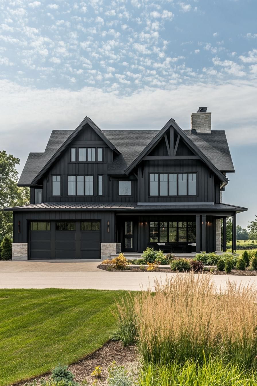 large modern farmhouse with black siding multi pitched black roof modern windows with black trim garage doors front porch with black beam posts 3