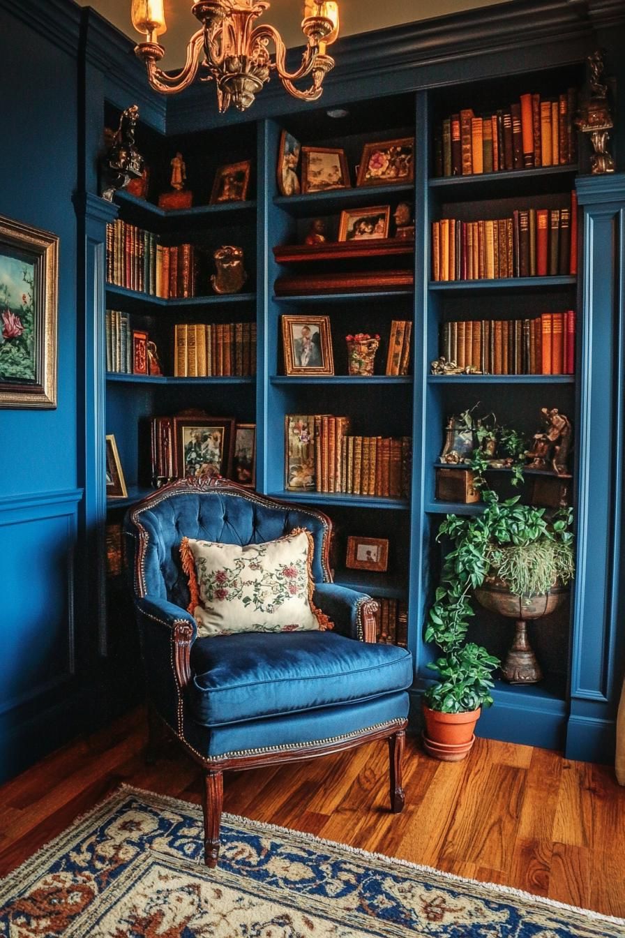 Cozy reading corner with a blue velvet chair and bookshelves