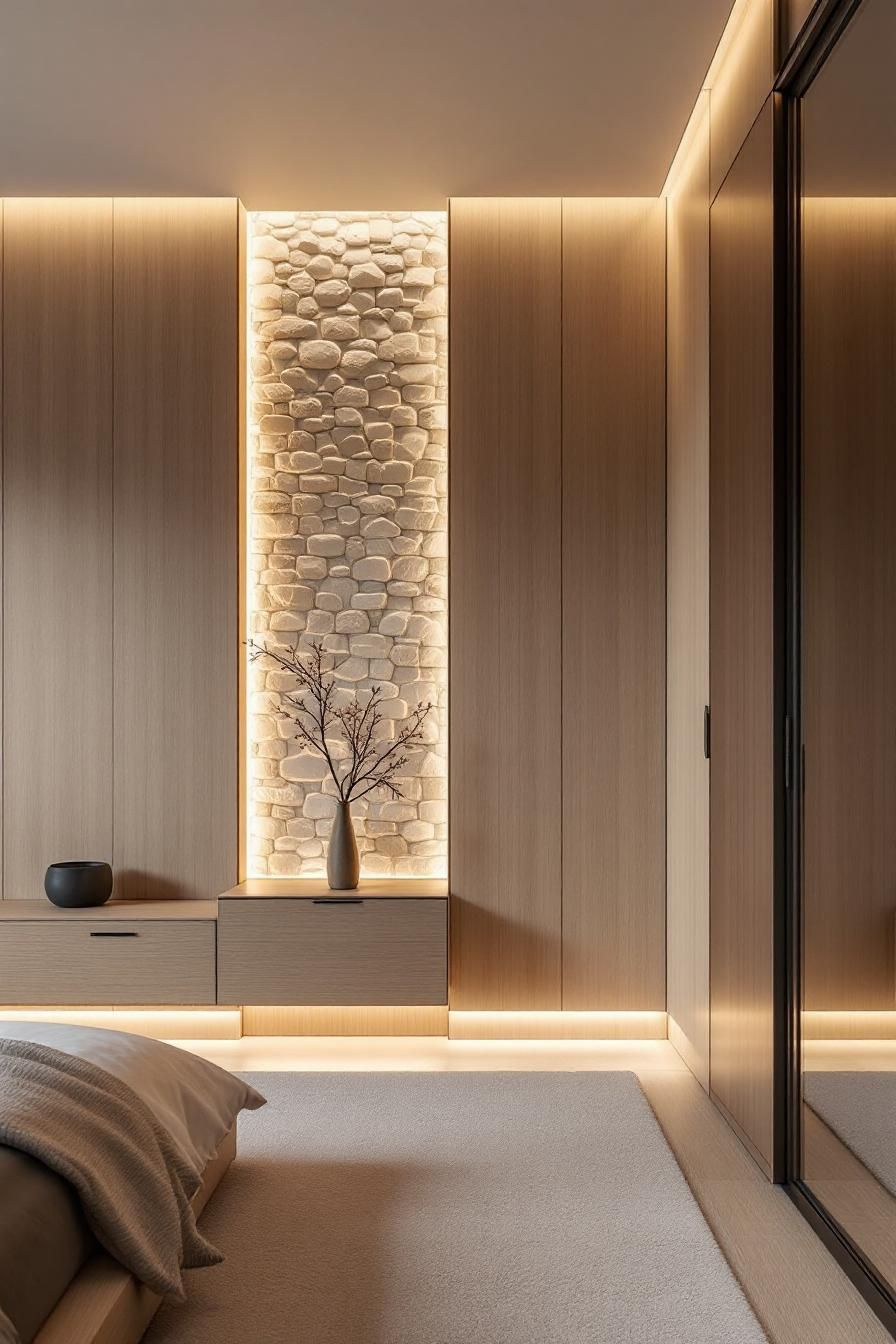 Warm wood tones with a cozy stone wall