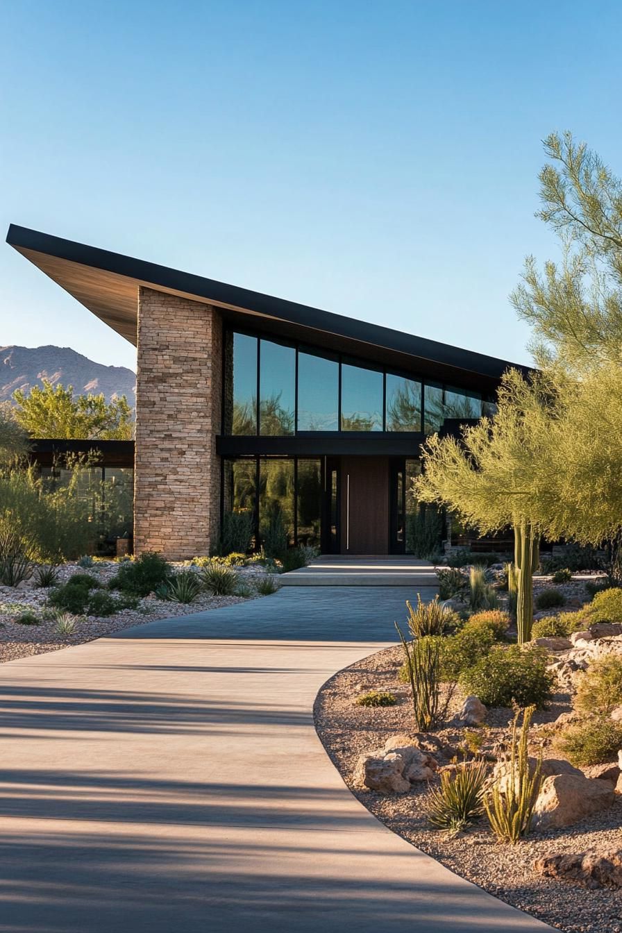 Modern house with large windows and sloped roof