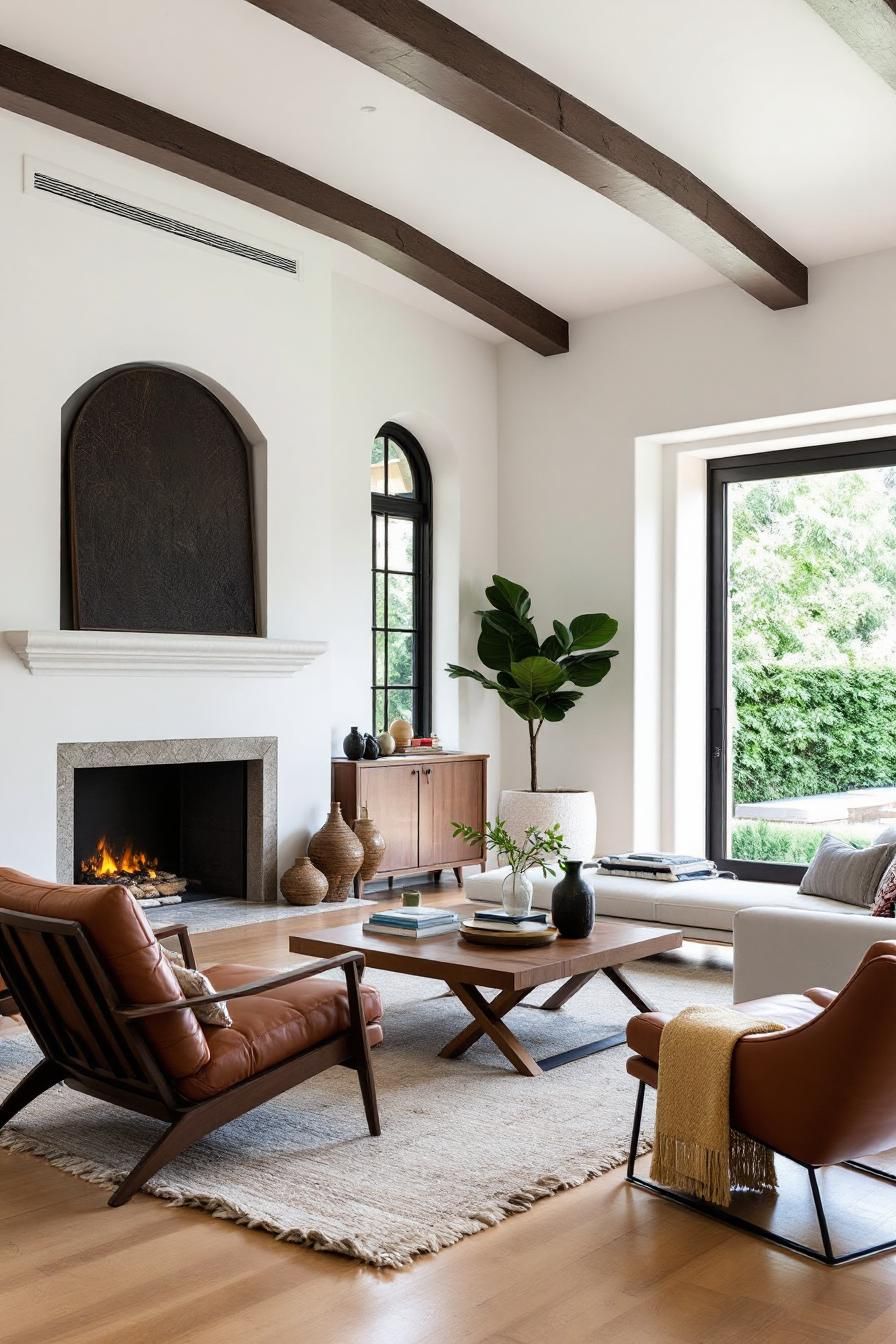 Bright and airy Spanish-style living room with a cozy fireplace