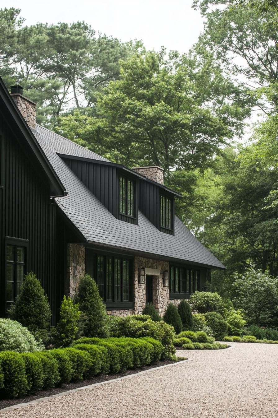 Modern long house with dark exterior and stone lower walls