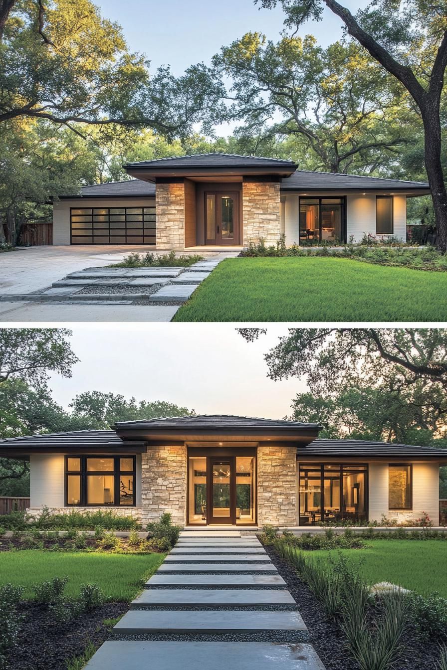 Modern ranch house with stone facade and large windows