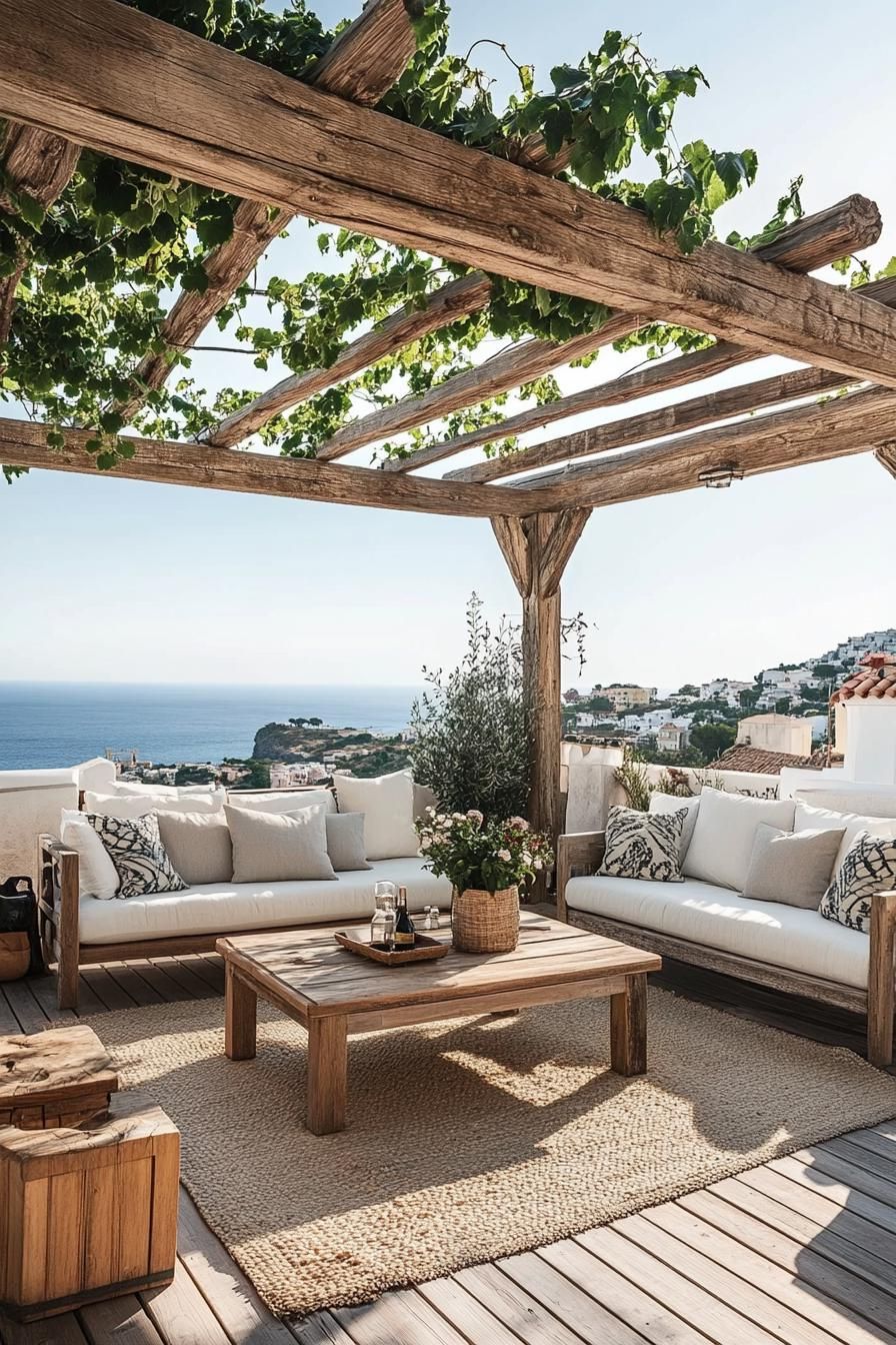 rooftop terrace with wooden pergola with vines cushioned furniture wooden deck area rug modernist coffee table flower planters sea view