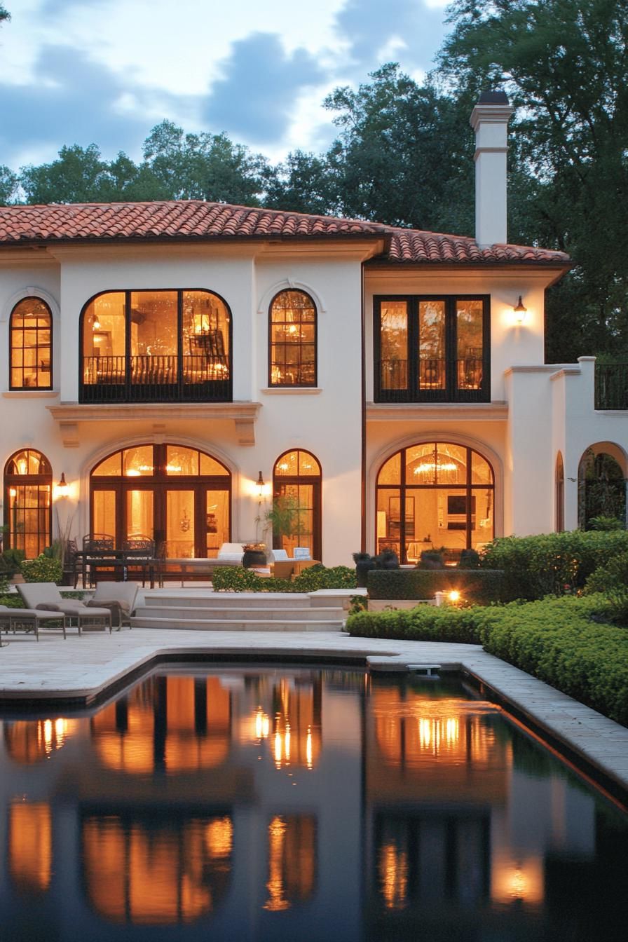 Elegant Spanish villa with lit windows reflecting on a pool