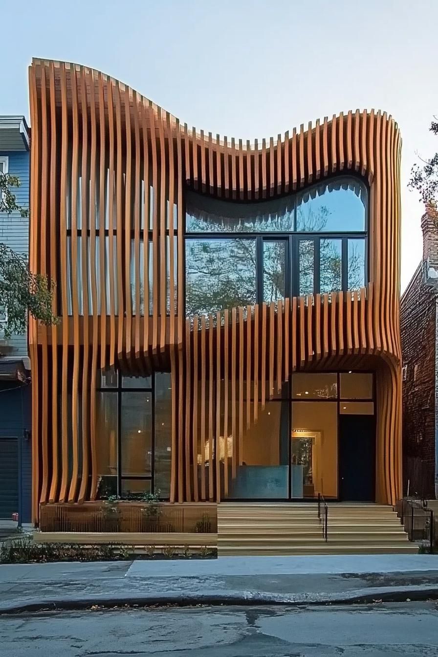 Artistic wood facade with wavy slats