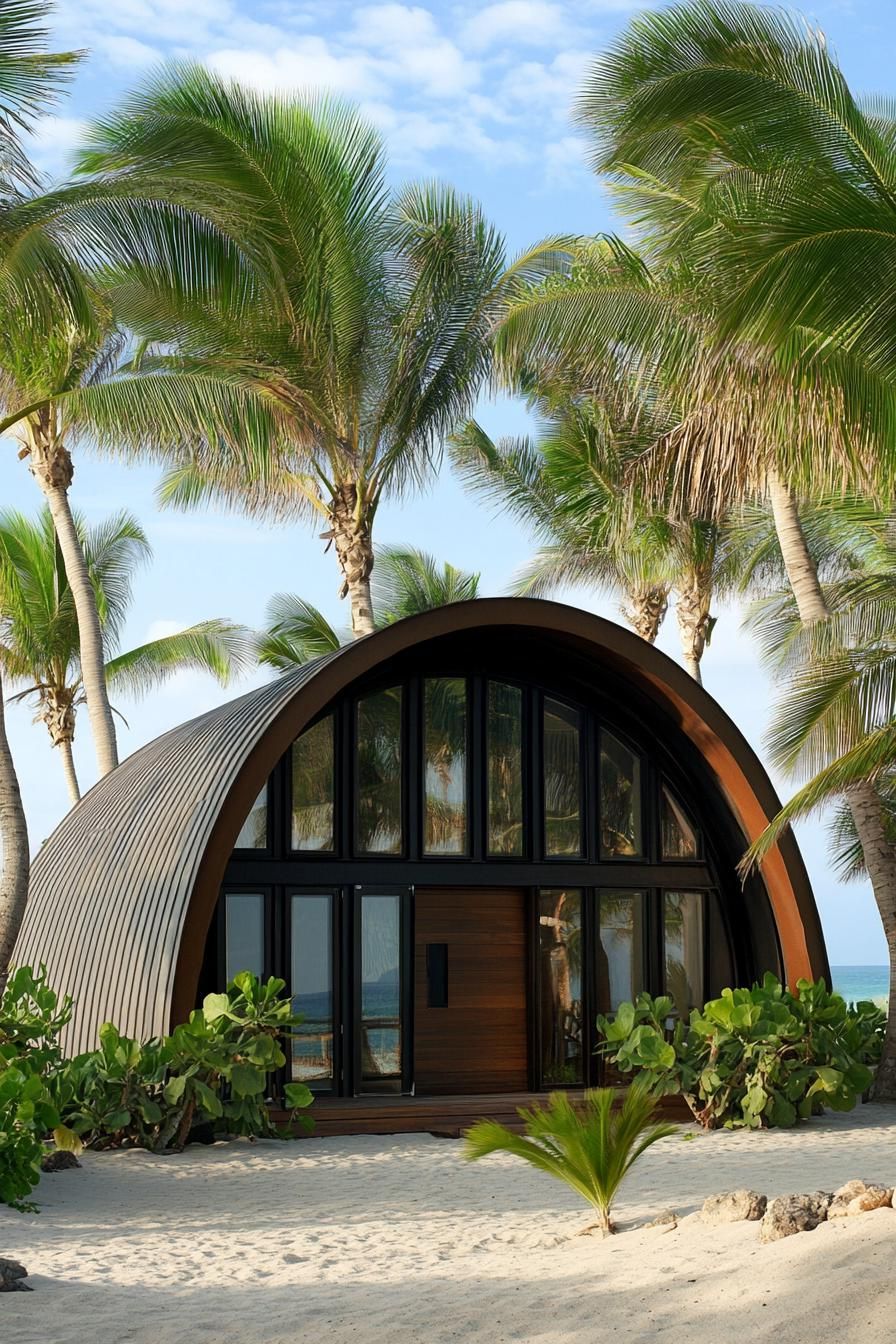 Quonset hut nestled among lush palm trees