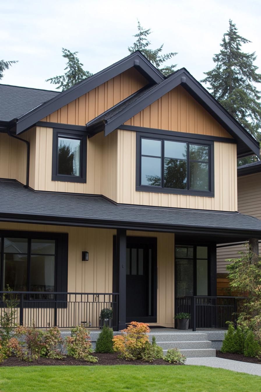 Modern suburban house with peach-colored siding and black accents