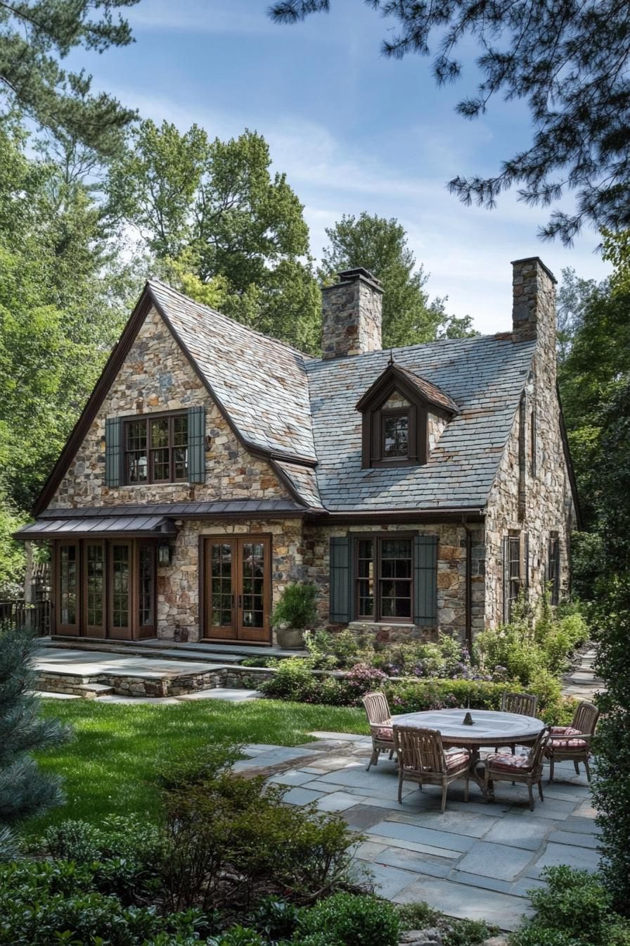 Charming stone cottage surrounded by lush greenery