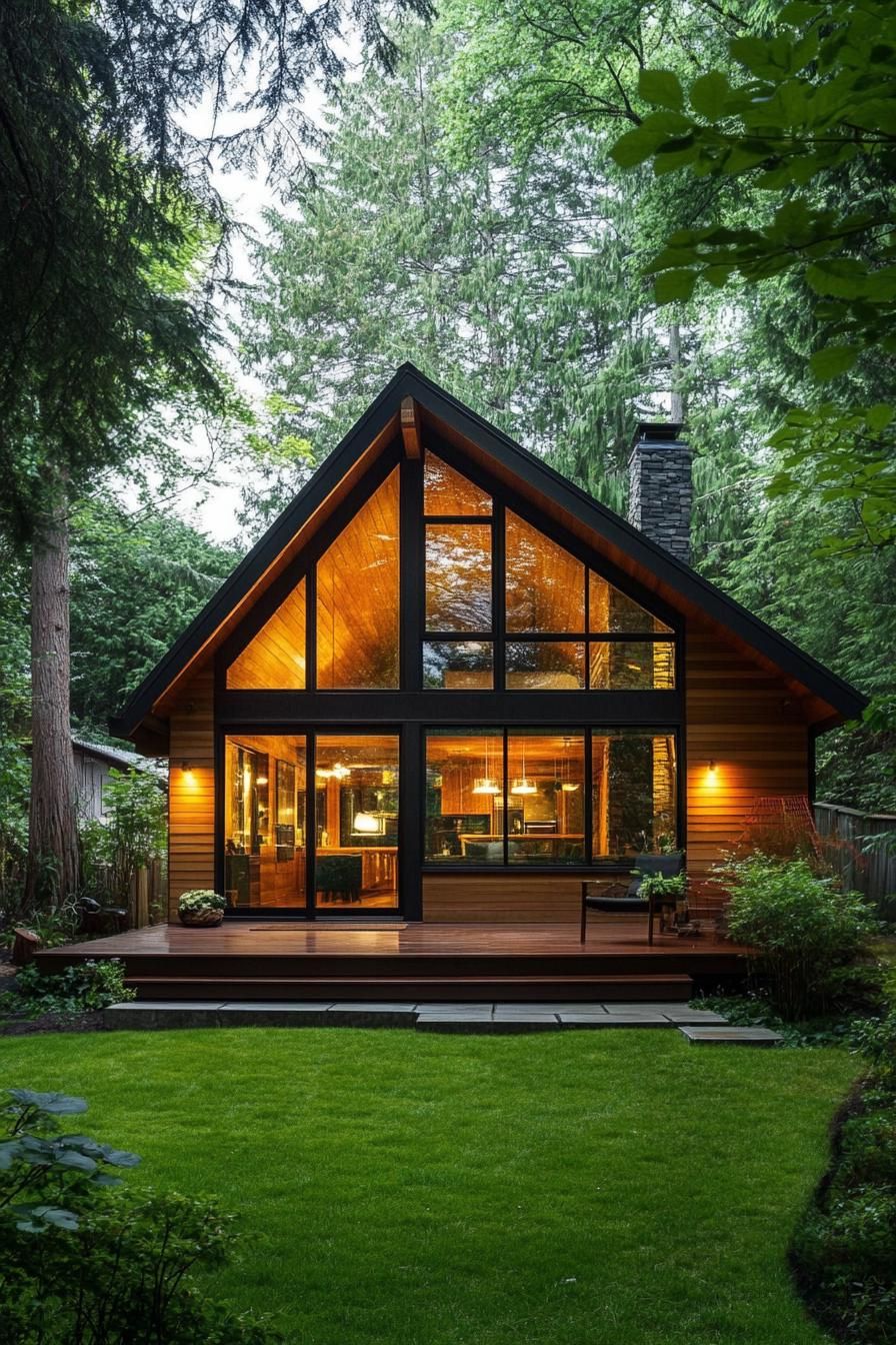 A modern A-frame house surrounded by lush greenery