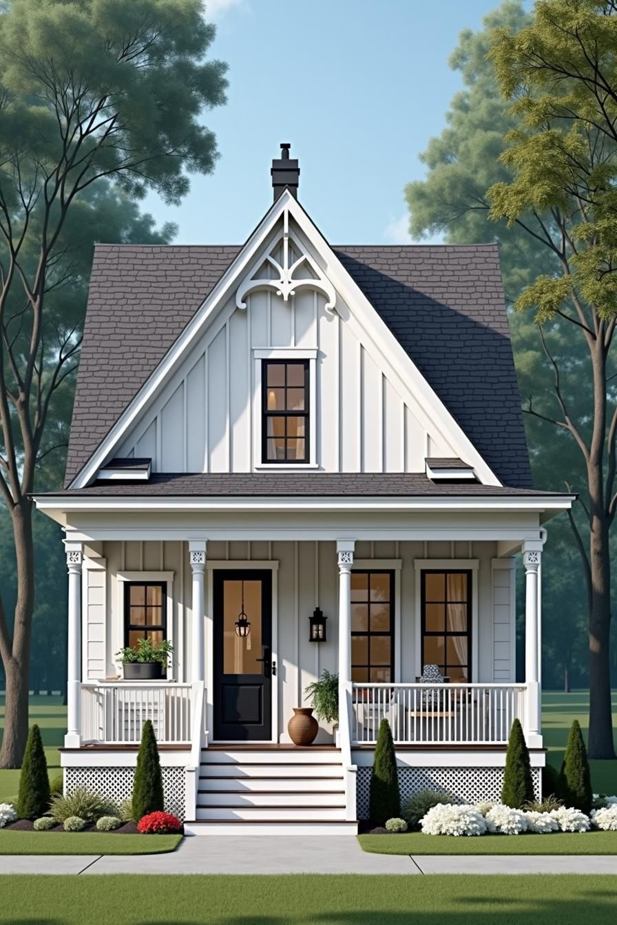 Quaint white house with a steep roof and cozy porch