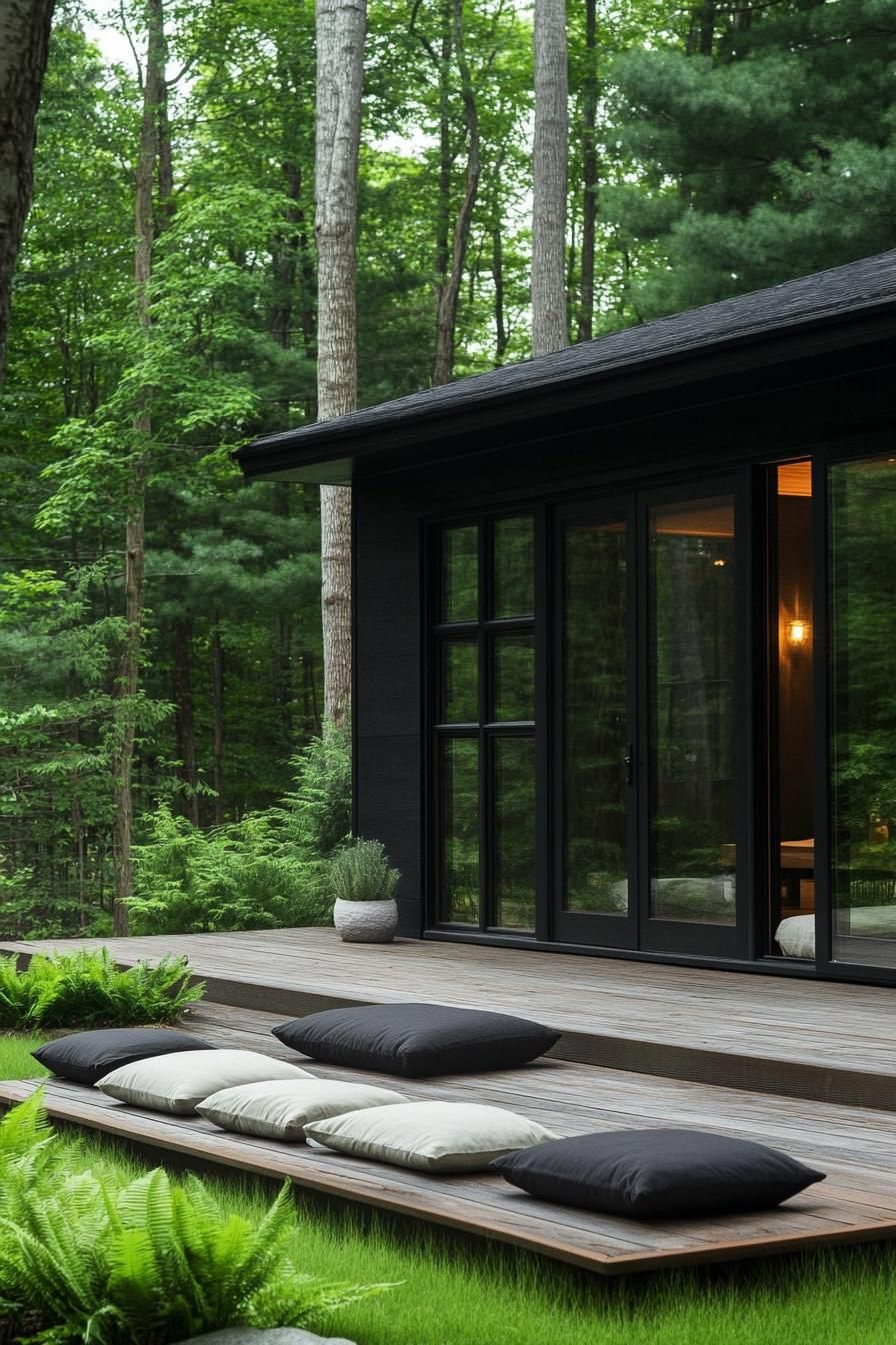 Japanese courtyard house surrounded by lush forest with a wooden deck and cushions