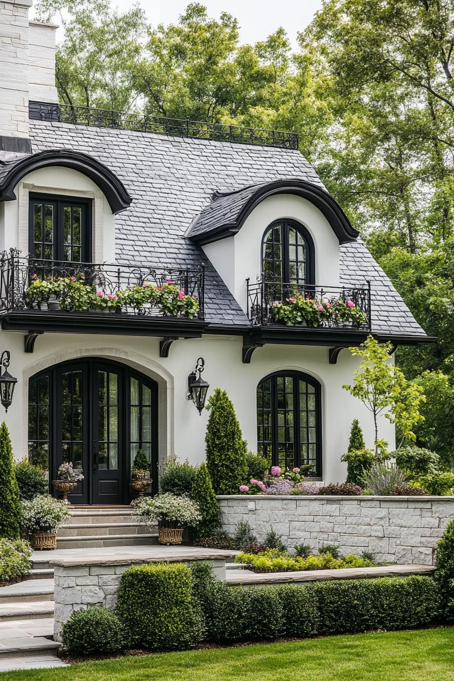 french white cottage with grey stone tile roof with dormers iron balconies with flowers stone brick foundations front yard with steps geometric 2