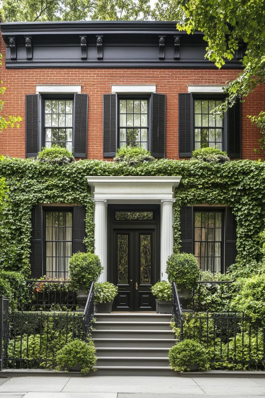 Georgian house with ivy and black shutters