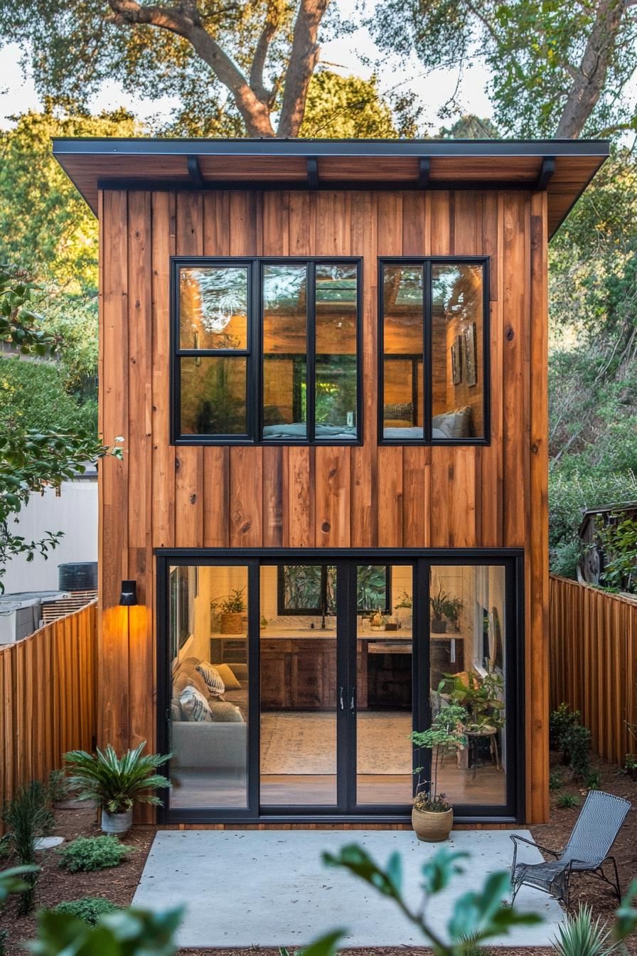 Charming wooden two-story house with large glass windows