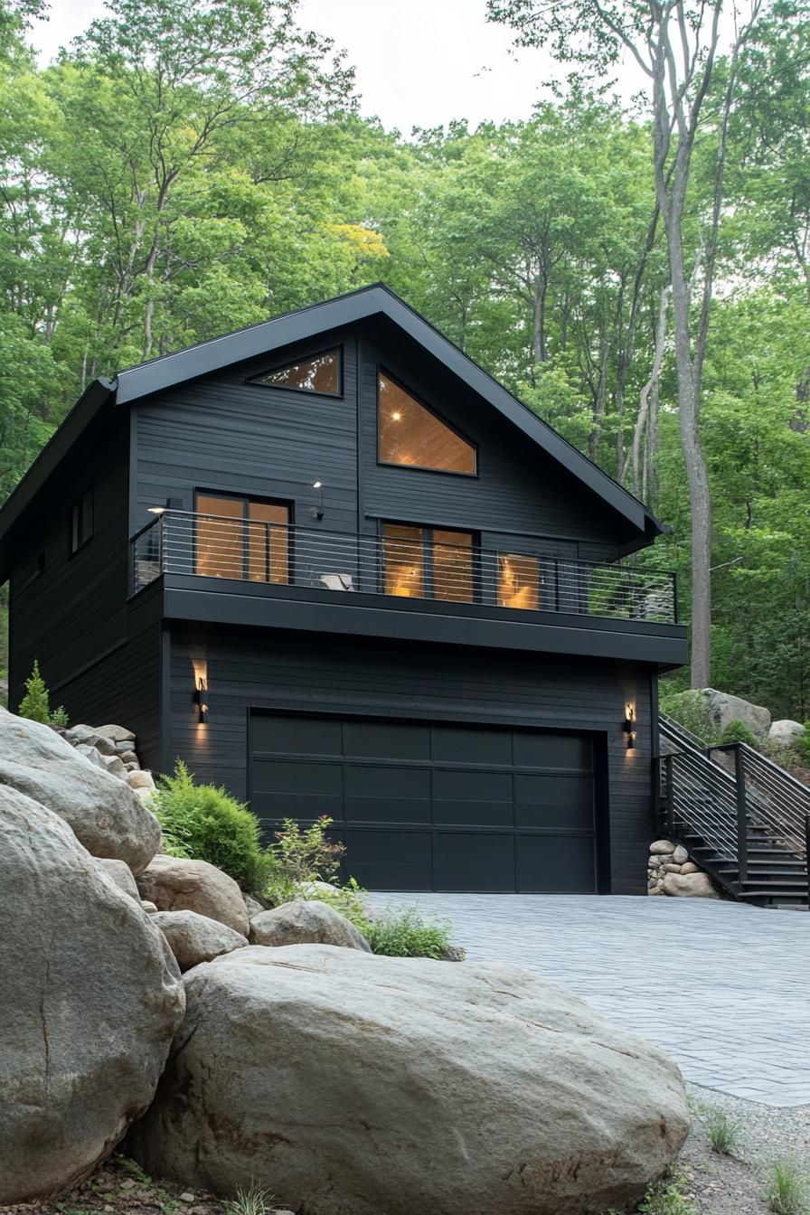 split level contemporary house in black facade and sloped roof garage and stoen paved driveway stair with rails lead to upper floor on a hillside 3