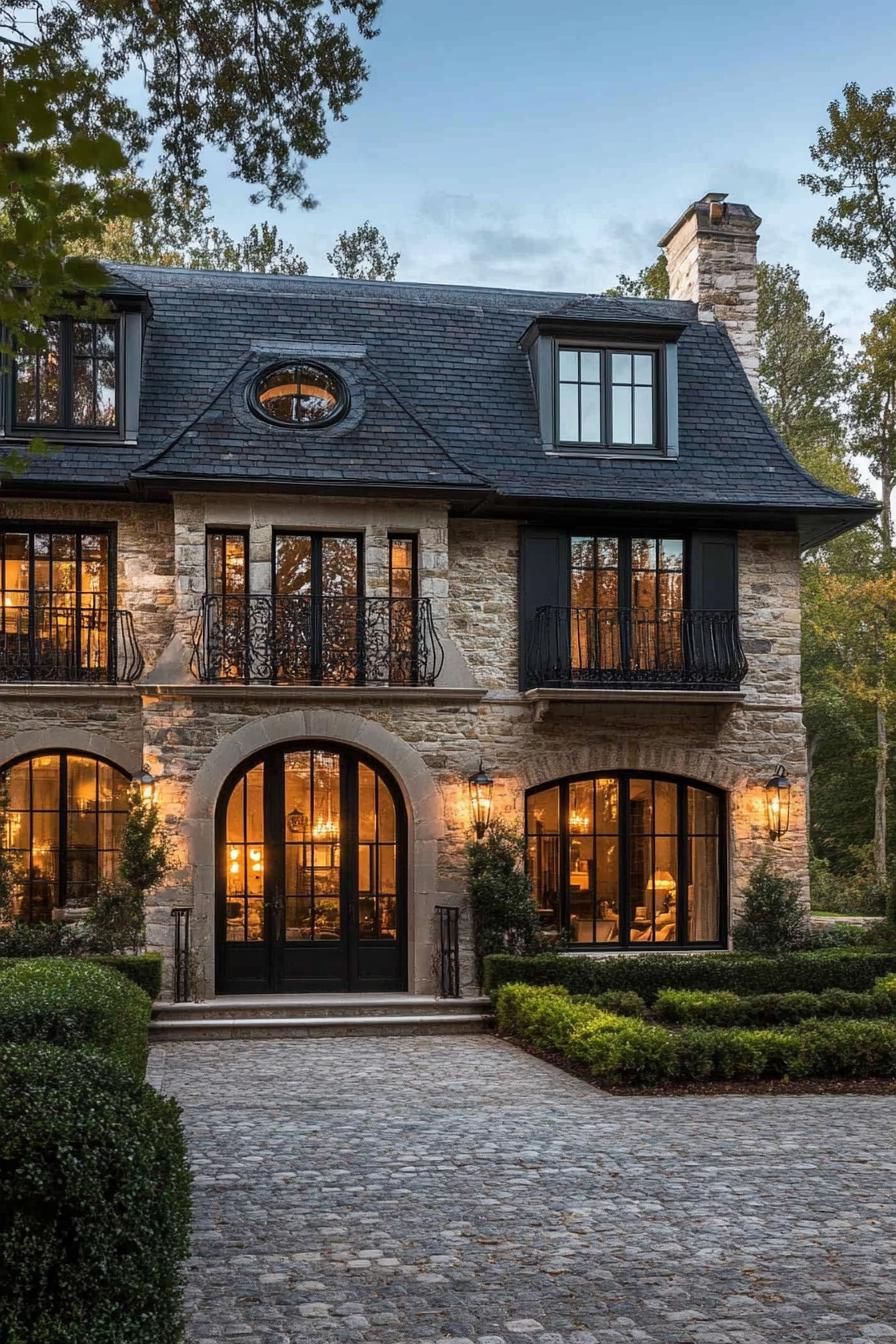 french country cottage with polished stone tile facade dark grey shingle roof with dormers large arched windows iron balconies big arch entry 1