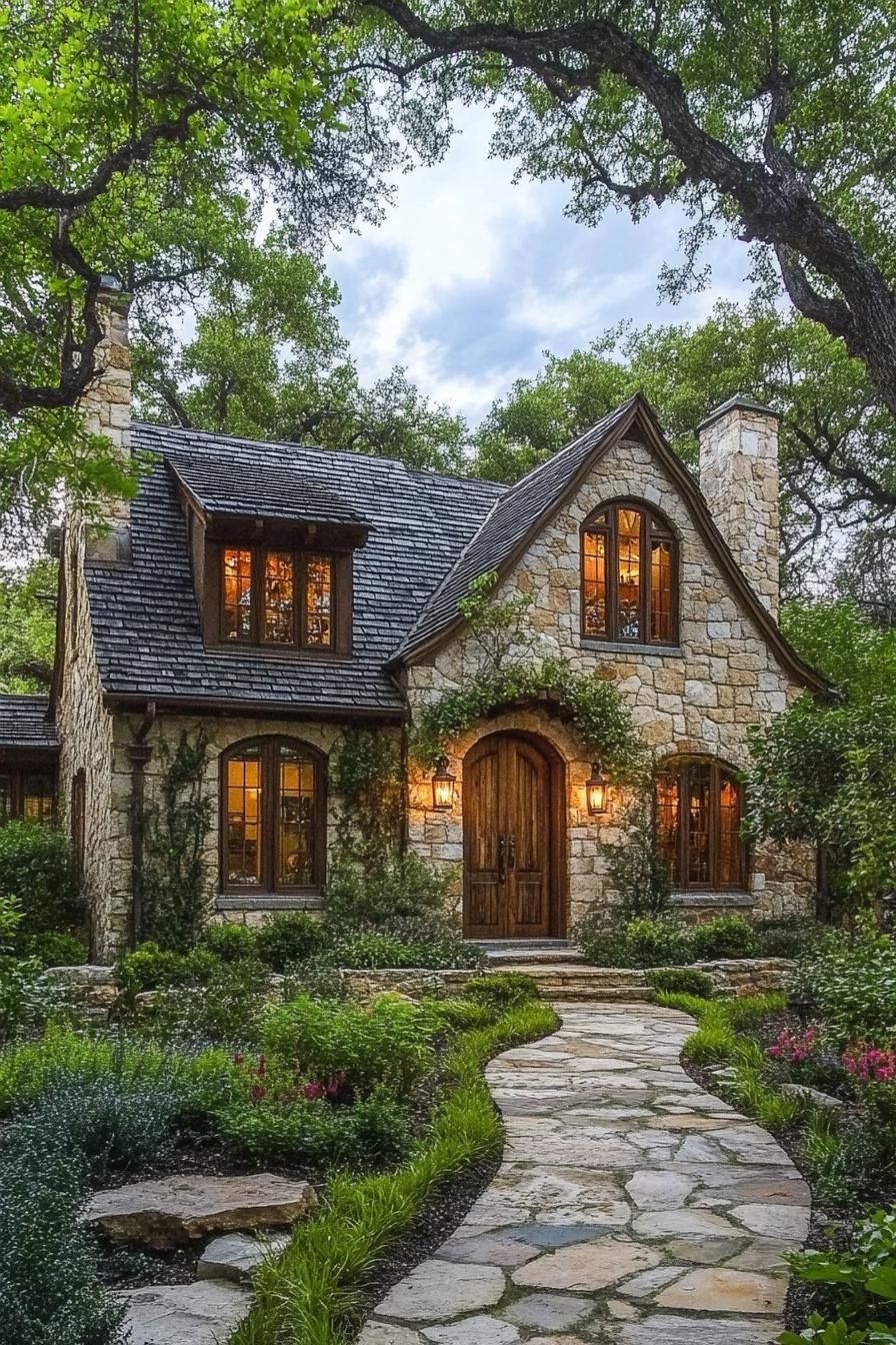 Charming stone cottage with lush garden pathway