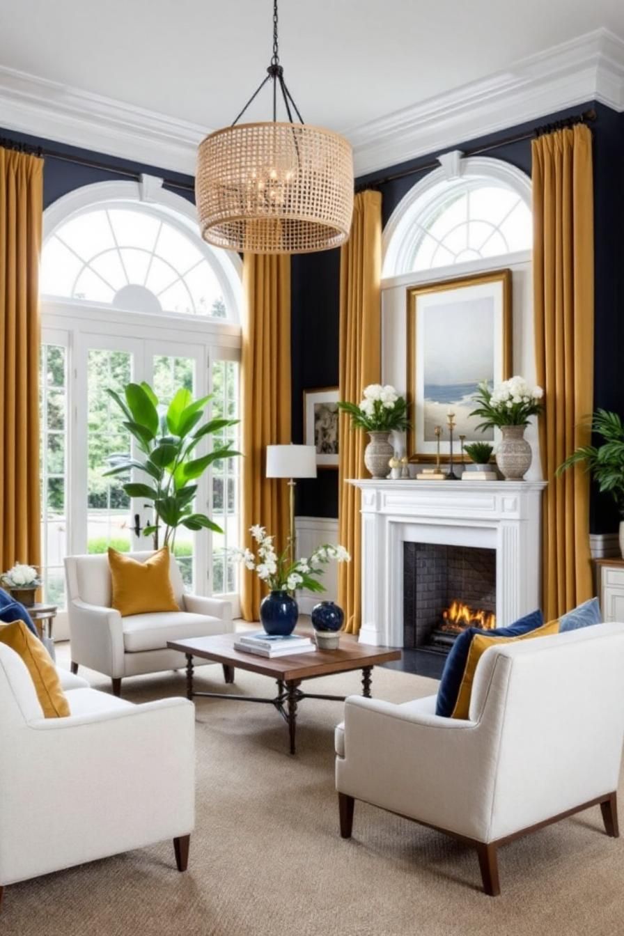 Stylish colonial living room with golden curtains and fireplace