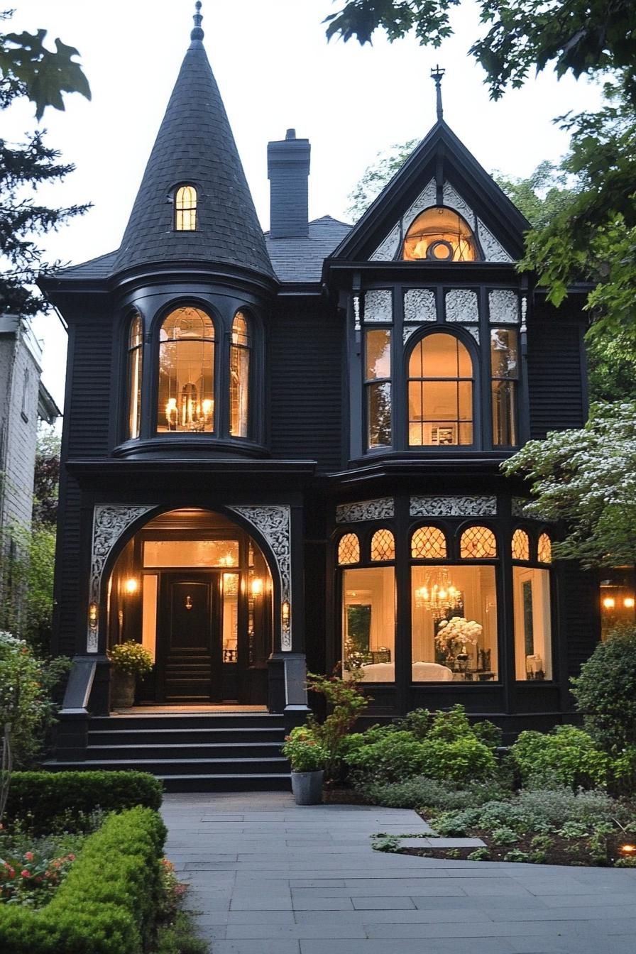 Victorian mansion with dark facade with white ornate embellishments arched wndows black roof with turrets