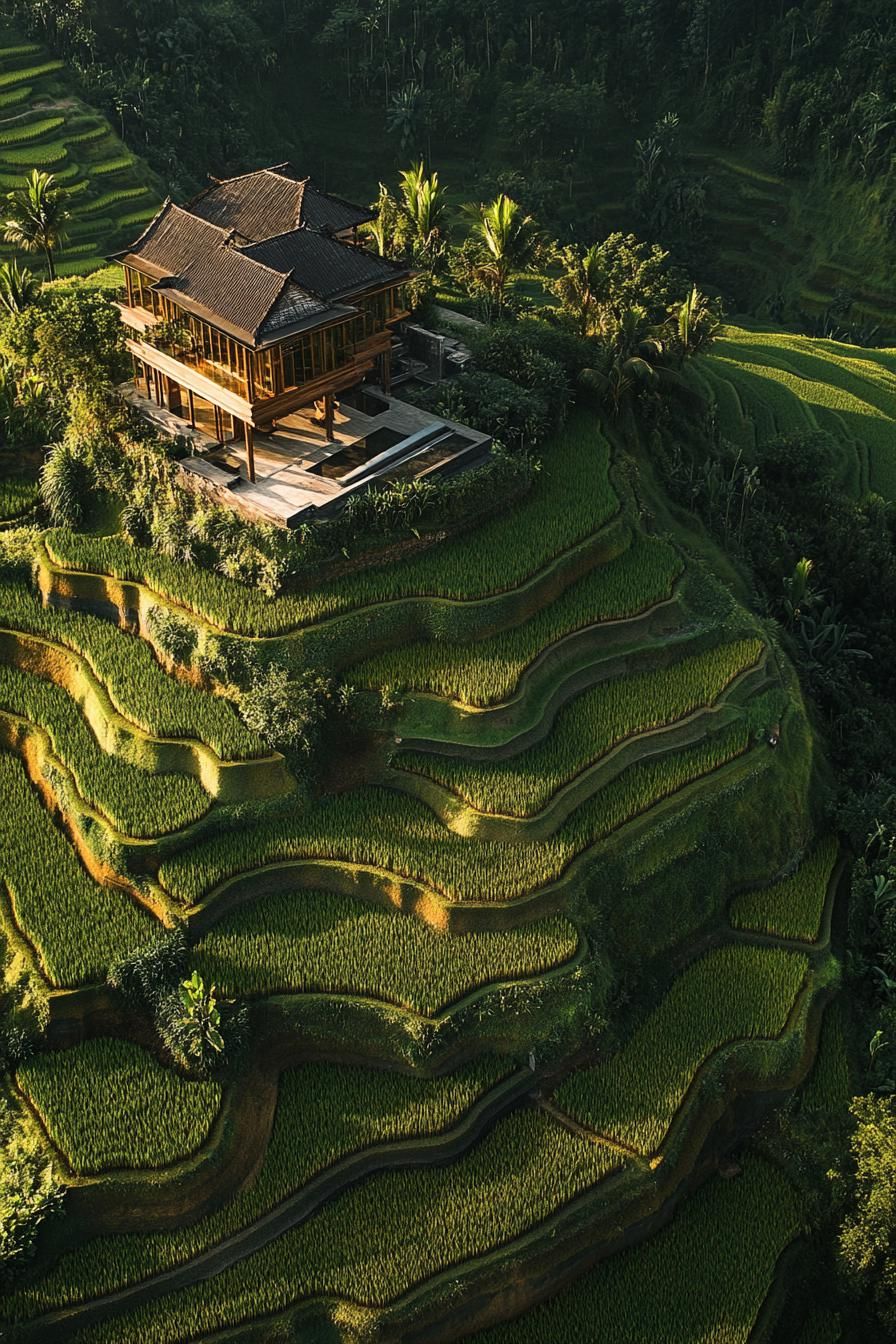 Wooden villa nestled amidst lush green rice terraces