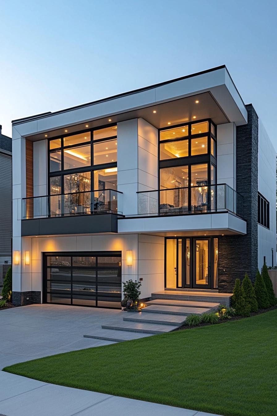 modern villa design with geometric facade white siding with black slate accents large balcony with glass railings garage underneath concrete 3