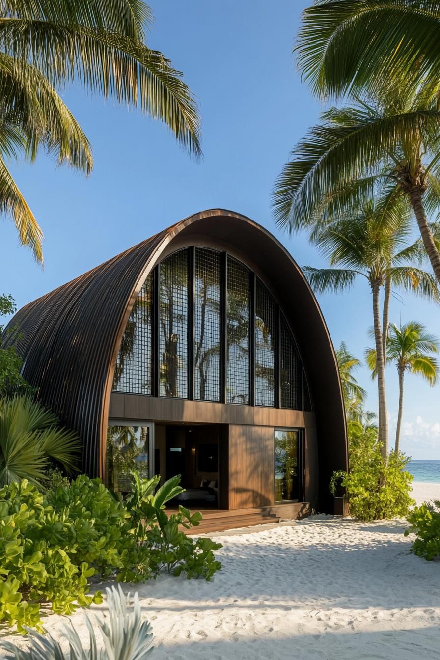 Quonset home with a tropical vibe surrounded by palm trees and sand