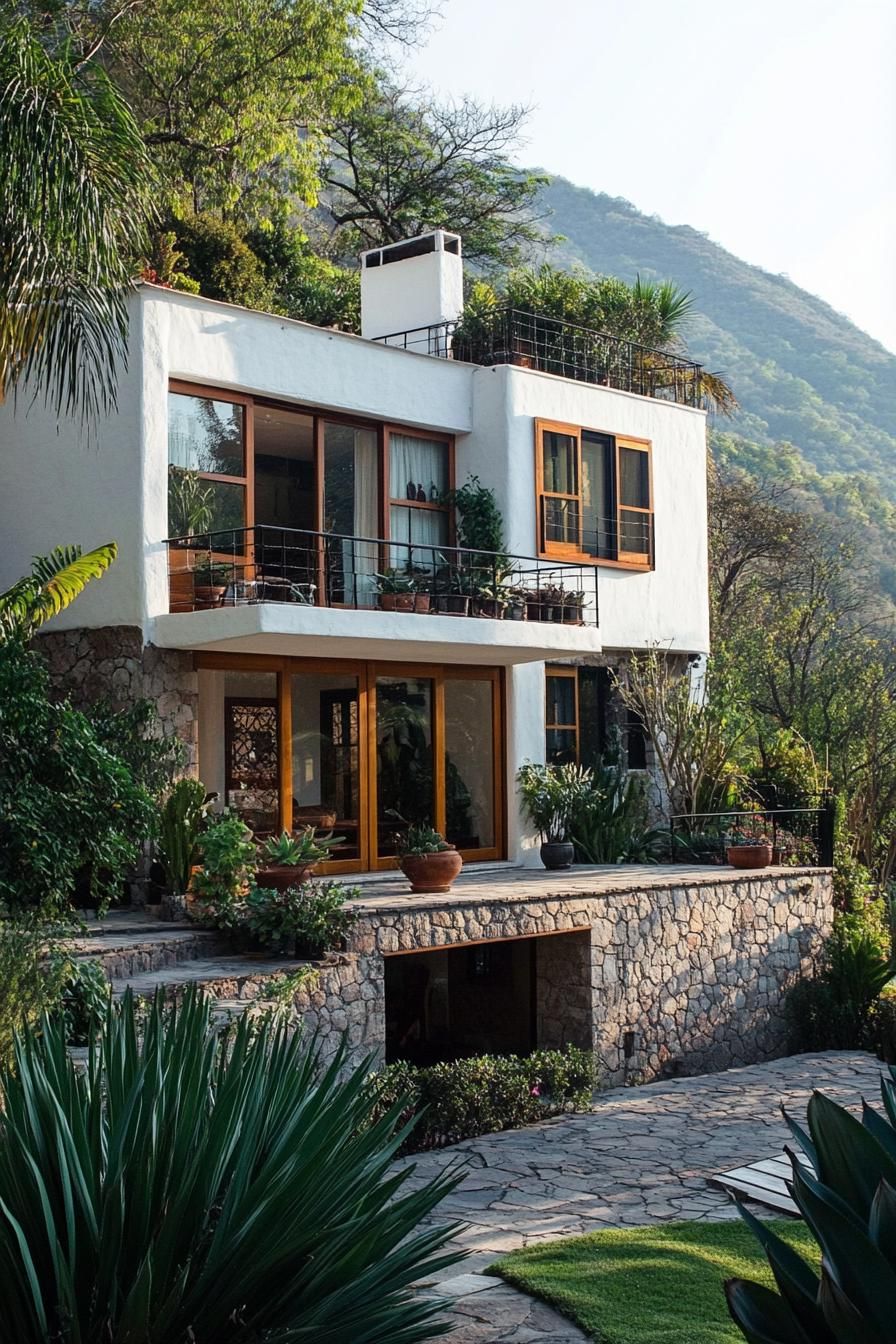 White modern house with large windows surrounded by greenery and mountains