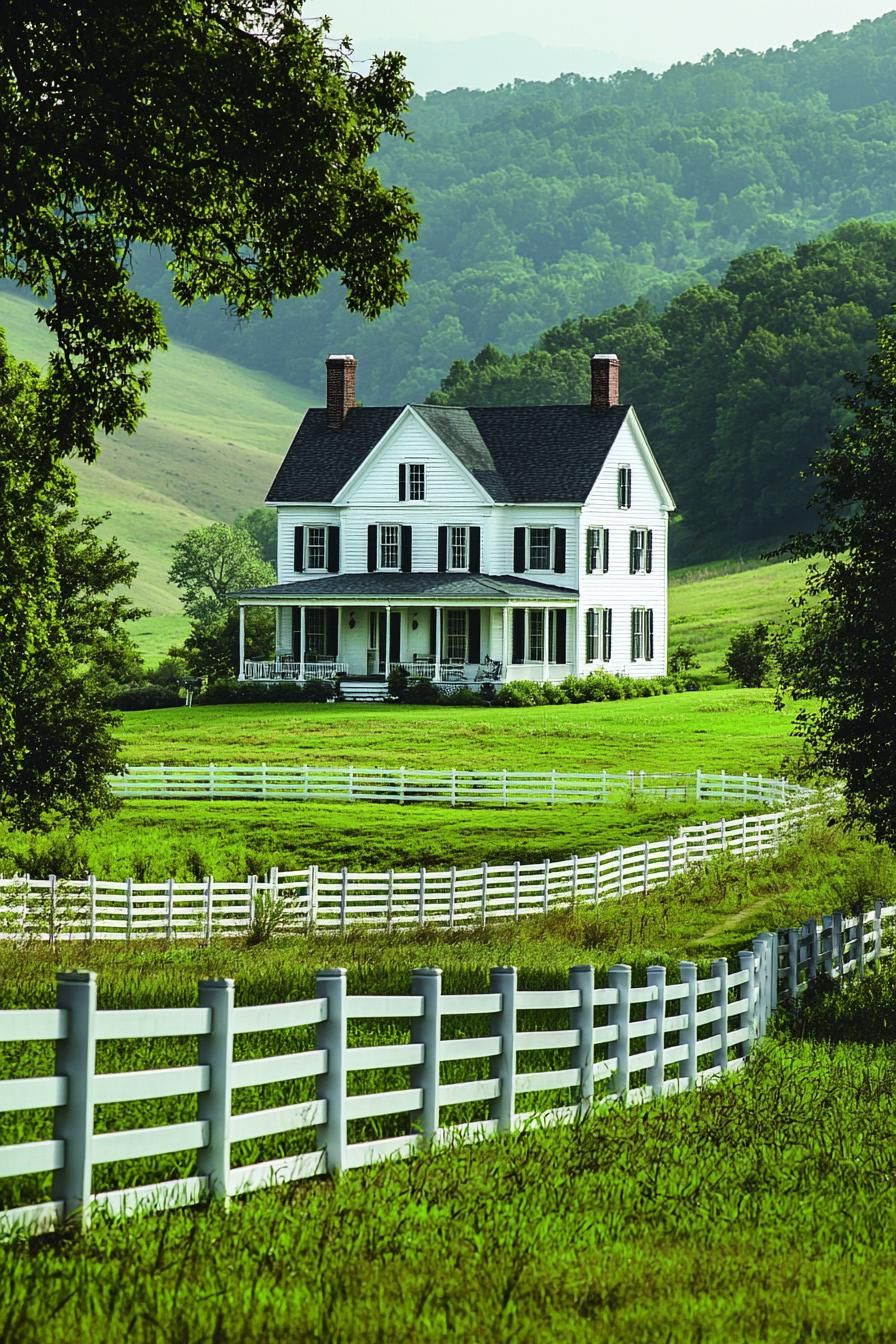 White farmhouse on a lush hill with a picket fence