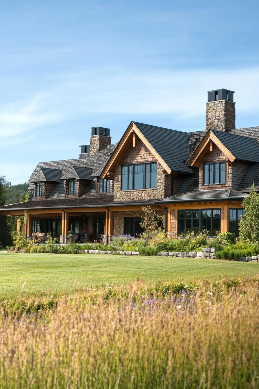 Rustic stone house with expansive lawn