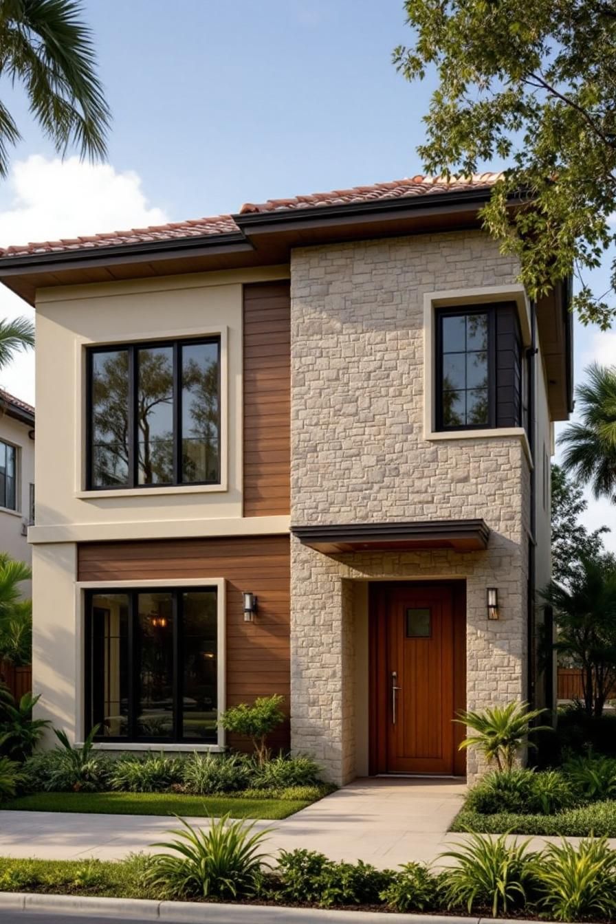 Modern house exterior with palm trees